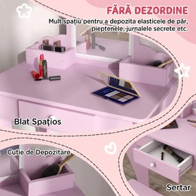 ZONEKIZ Set Toaletă pentru Copii cu Oglindă pentru Machiaj și Scaunel din Lemn Roz | Aosom Romania