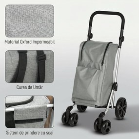 HOMCOM Cărucior de Cumpărături Pliabil din Aluminiu cu Roți, Geantă de 46L, Compartiment Frigorific, Mâner Reglabil, Gri | Aosom Romania