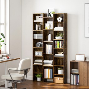 HOMCOM Bibliotecă modernă din lemn înaltă 181 cm cu 21 de compartimente și 10 rafturi reglabile, Maro Rustic | Aosom Romania