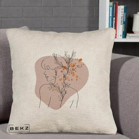 Perna Decorativa Femeie cu Flori Line Art Boho, 40x40 cm, Bej Canapea, Husa Detasabila, Perna Inclusa, BEKZ®