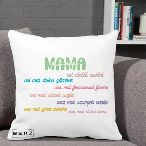 Cadou pentru Mama - Perna Personalizata Mama Cel Dintai Cuvant cu Text Colorat Multicolor, 40x40 cm, Alba Mata, Husa Detasabila, Perna Inclusa, BEKZ®