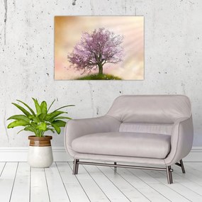 Tablou pe sticlă - Copacul înflorit în deal (70x50 cm)