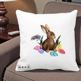 Perna Decorativa Iepuras cu Oua de Pasti Acuarela, 40x40 cm, Alba Mata, Husa Detasabila, Perna Inclusa, BEKZ®