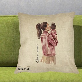 Cadou pentru Mama - Perna Personalizata Super Mom Jachete Roz, 40x40 cm, Crem, Husa Detasabila, Perna Inclusa, BEKZ®