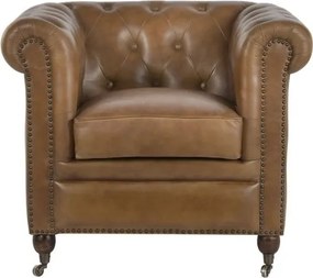 Fotoliu Chesterfield din piele naturală maro cognac, capitonat, cu ținte decorative și picioare strunjite pe roți, 90×80×77 cm, „Stanhope”