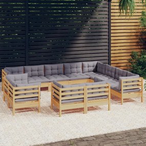 3096946 vidaXL Set mobilier grădină cu perne, 12 piese, gri, lemn masiv pin