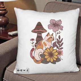 Perna Decorativa Pisica Vintage Florala Boho, 40x40 cm, Alb Pufos, Husa Detasabila, Perna Inclusa, BEKZ®