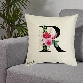 Cadou Personalizat - Perna Personalizata Monograma Florala Litera R, 40x40 cm, Ecru, Husa Detasabila, Perna Inclusa, BEKZ®