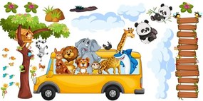 Autocolant pentru copii animale safari vesele într-un autobuz 150 x 300 cm