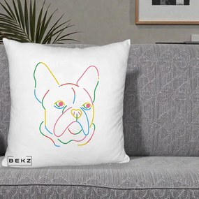 Perna Decorativa Bulldog Francez Line Art Curcubeu, 40x40 cm, Alb Pufos, Husa Detasabila, Perna Inclusa, BEKZ®