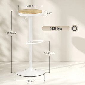 HOMCOM Set de 2 Taburete Inalte de Bucatarie cu Inaltime Reglabila Scaun din Lemn Cadru din Otel si Suport pentru Picior Natural si Alb | Aosom Romania