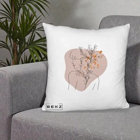Perna Decorativa Femeie cu Flori Line Art Boho, 40x40 cm, Alb Pufos, Husa Detasabila, Perna Inclusa, BEKZ®
