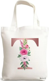 Sacosa de Panza pentru Cumparaturi, Geanta Tote, Cu litera T Rose Gold si Trandafiri, 38x34.5 cm, Alba, BEKZ®