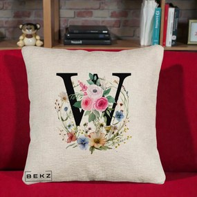 Cadou Personalizat - Perna Personalizata Monograma Florala Litera W, 40x40 cm, Bej Canapea, Husa Detasabila, Perna Inclusa, BEKZ®