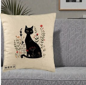 Perna Decorativa Pisica Neagra Botanica Rosu-Gri, 40x40 cm, Bej, Husa Detasabila, Perna Inclusa, BEKZ®