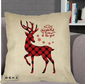 Perna Decorativa Ren Buffalo Plaid Craciun, 40x40 cm, Crem, Husa Detasabila, Perna Inclusa, BEKZ®