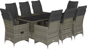 vidaXL Set bistro de grădină cu perne, 9 piese, gri, poliratan