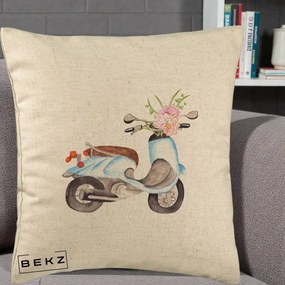 Perna Decorativa Scuter Albastru cu Flori Acuarela, 40x40 cm, Bej, Husa Detasabila, Perna Inclusa, BEKZ®