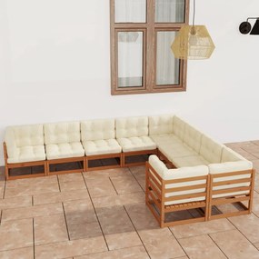 3077037 vidaXL Set mobilier grădină, perne, 9 piese, maro miere lemn masiv pin