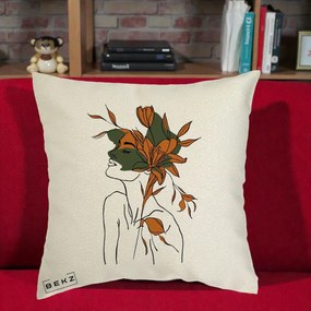 Perna Decorativa Portret Feminin Crin Auriu, 40x40 cm, Ecru, Husa Detasabila, Perna Inclusa, BEKZ®