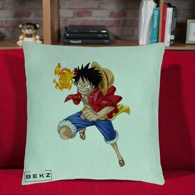 Perna Personalizata One Piece Luffy Gear Second Foc, 40x40 cm, Verde Menta, Husa Detasabila, Perna Inclusa, BEKZ®