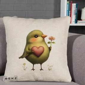 Perna Decorativa Pasare Verde cu Inima si Floare, 40x40 cm, Bej Canapea, Husa Detasabila, Perna Inclusa, BEKZ®
