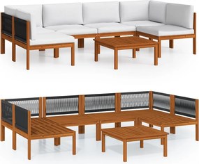 vidaXL Set fotoliu de grădină cu 7 piese, perne, lemn crem, acacia și frânghie