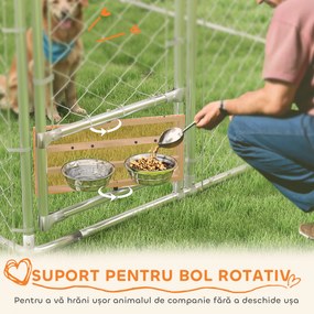 PawHut Țarc pentru Câini de Exterior cu Acoperiș Anti-UV Impermeabil și Boluri Rotative, 400x230x150 cm, Argintiu | Aosom Romania