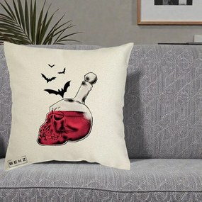 Perna Decorativa Halloween Craniu-Sticla cu Lilieci, 40x40 cm, Ecru, Husa Detasabila, Perna Inclusa, BEKZ®