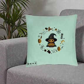 Perna Decorativa Halloween Dovleac Vrajitor Boo cu Simboluri, 40x40 cm, Verde Menta, Husa Detasabila, Perna Inclusa, BEKZ®