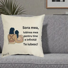 Cadou pentru Sora - Perna Personalizata Sora Mea Te Iubesc Doua Fete Fashioniste Line Art, 40x40 cm, Ecru, Husa Detasabila, Perna Inclusa, BEKZ®