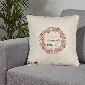Cadou pentru Bunica - Perna Personalizata Cea Mai Minunata Bunica Coronita Flori Roz, 40x40 cm, Bej Canapea, Husa Detasabila, Perna Inclusa, BEKZ®