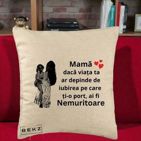 Cadou pentru Mama - Perna Personalizata Mama Nemuritoare Imbratisare, 40x40 cm, Bej, Husa Detasabila, Perna Inclusa, BEKZ®