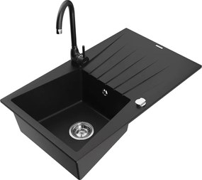 Mexen Cesar chiuvetă de bucătărie din granit cu 1 compartiment și scurgător și baterie Telma, negru - 6514-77-670200-70