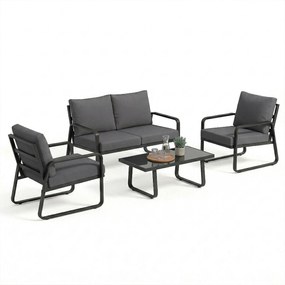 Outsunny Set mobilier de grădină 4 piese cu perne detașabile foarte groase 10 cm masă de cafea din sticlă securizată Negru | Aosom Romania