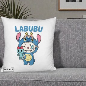 Perna Personalizata Labubu x Stitch cu Flori, 40x40 cm, Alb Pufos, Husa Detasabila, Perna Inclusa, BEKZ®