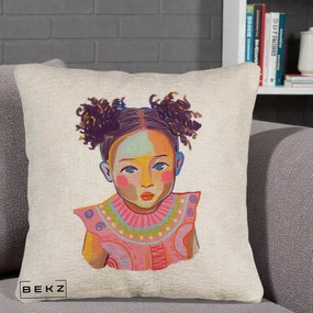 Perna Decorativa Fetita Vesela Portret Colorat, 40x40 cm, Bej Canapea, Husa Detasabila, Perna Inclusa, BEKZ®
