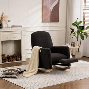 Scaun balansoar cu taburet, fotoliu de relaxare cu spătar înalt, material Teddy, 67x96-127x96 cm, Gri închis