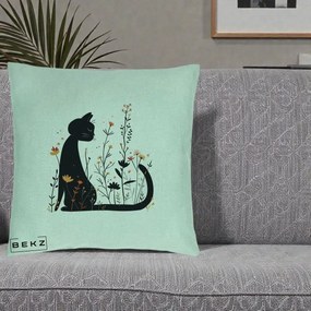 Perna Decorativa Pisica Neagra Flori Portocalii Silueta, 40x40 cm, Verde Menta, Husa Detasabila, Perna Inclusa, BEKZ®