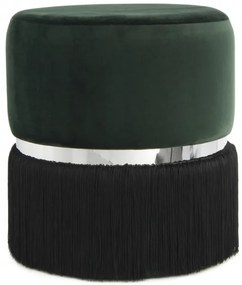 Puf/ Taburet tapitat cu franjuri Rebecca verde inchis / negru / argintiu