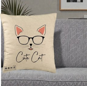 Perna Personalizata Cute Cat cu Ochelari, 40x40 cm, Bej, Husa Detasabila, Perna Inclusa, BEKZ®