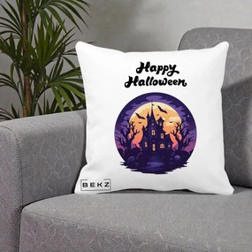 Perna Decorativa Happy Halloween Casa Bantuita Violet, 40x40 cm, Alba Mata, Husa Detasabila, Perna Inclusa, BEKZ®