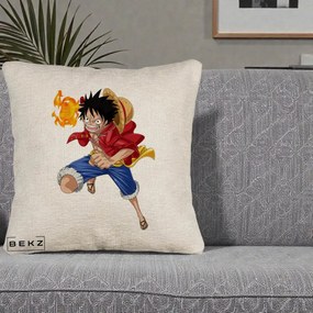 Perna Personalizata One Piece Luffy Gear Second Foc, 40x40 cm, Bej Canapea, Husa Detasabila, Perna Inclusa, BEKZ®