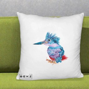 Perna Decorativa Pasare Martin Pescar Acuarela Albastru-Mov, 40x40 cm, Alb Pufos, Husa Detasabila, Perna Inclusa, BEKZ®