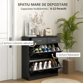 HOMCOM Dulap pentru Pantofi Modern cu 2 Rafturi Regabile și 2 Sertare din Lemn Negru | Aosom Romania