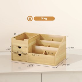 HOMCOM Organizator Birou cu 2 Sertare și 7 Compartimente din Bambus 33x20.5x15.5 cm | Aosom Romania