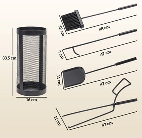 Outsunny Set Accesorii Șemineu 5 Piese Metal cu Coș Mătură Lopată Clești Negru | Aosom Romania