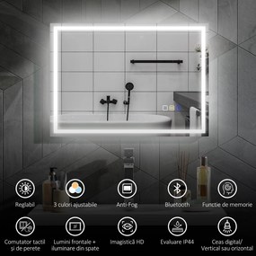HOMCOM Oglindă Baie Antiaburire cu Lumină LED și Difuzor Bluetooth 50x70 cm | Aosom Romania