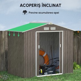 Outsunny Căsuță de Grădină pentru Unelte cu Orificii de Aerisire și Dublă Ușă Culisantă cu Blocare, 213x130x185 cm, Maro | Aosom Romania
