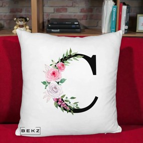 Cadou Personalizat - Perna Personalizata Monograma Florala Litera C, 40x40 cm, Alb Pufos, Husa Detasabila, Perna Inclusa, BEKZ®